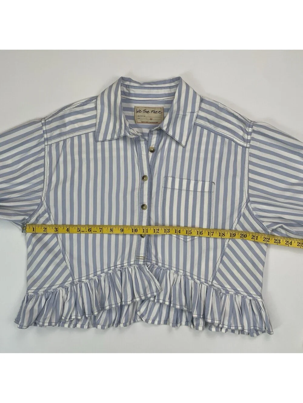 Free People We The Free Bailey Stripe Shirt Blue Cropped Ruffle Blouse XS - Picture 8 of 8